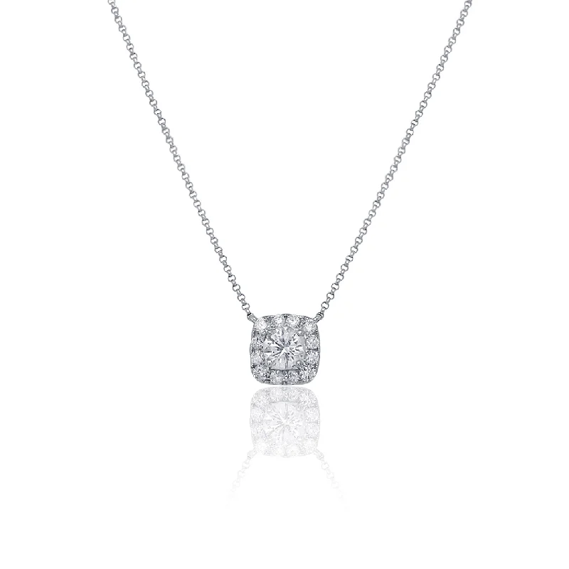 Silver Heart Charm Necklaces-0.72 Carat Round/0.39 Carat Halo Natural Diamond Pendant in 18K White Gold