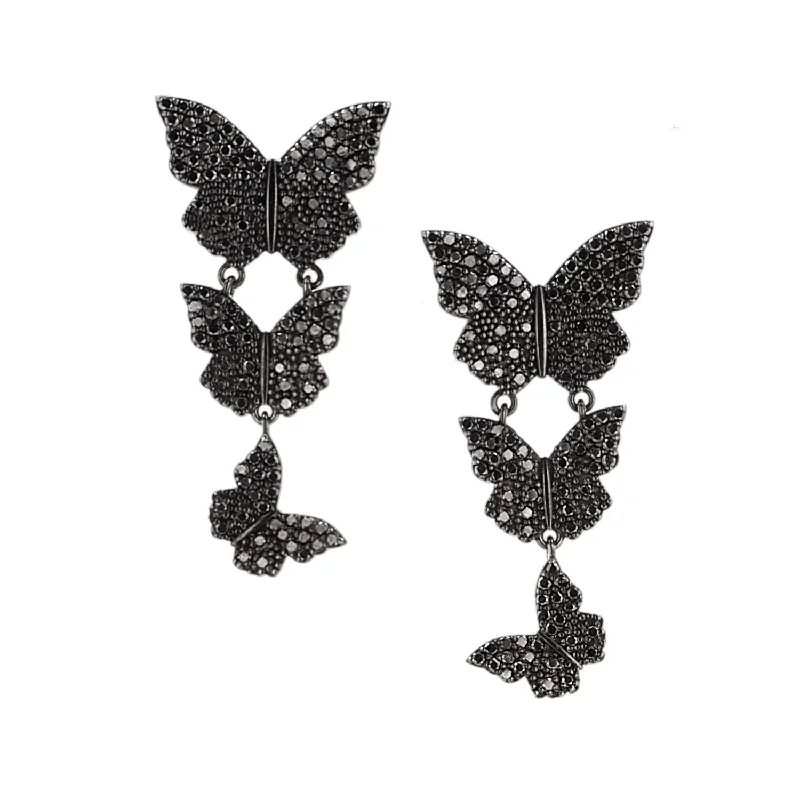 Custom Drop Earrings-Black Diamond Pave Butterfly Triple Dangle Earrings  EB000018