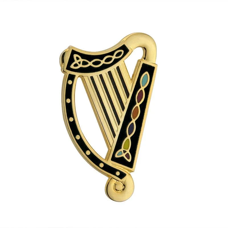 Designer Enamel Brooch-Gold Plated Black Harp Brooch