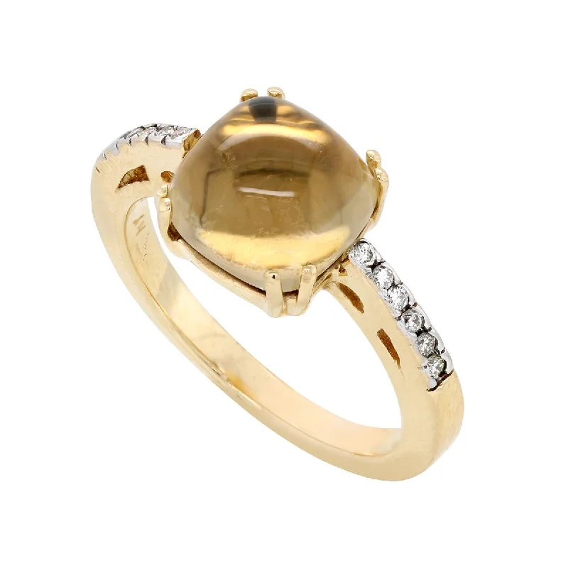 Silver Gemstone Rings-YELLOW GOLD FASHION RING WITH CABOCHON CUT YELLOW QUARTZ, .10 CT TW