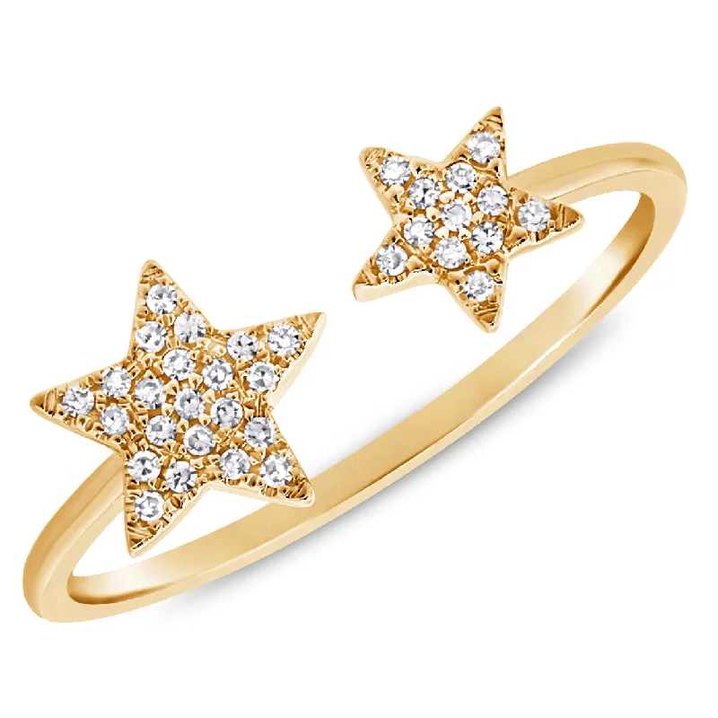 Silver Engagement Ring Sets-14K Yellow Gold Diamond Double Star Open Cuff