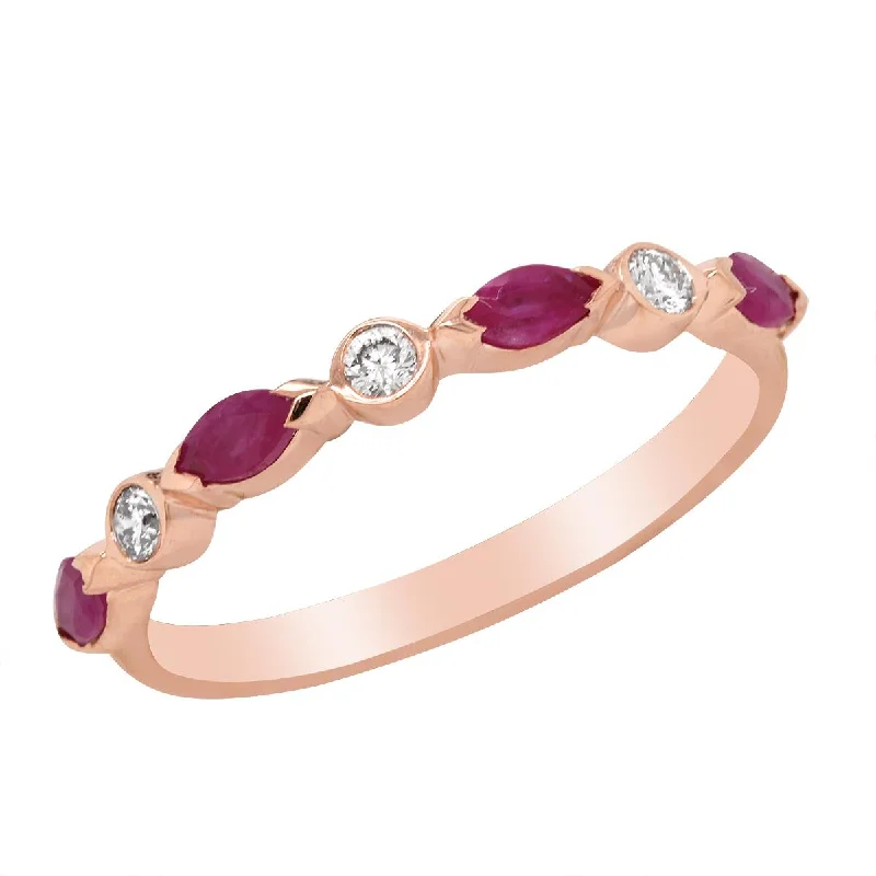 Solitaire Engagement Band Rings-ROSE GOLD FASHION RING WITH MARQUISE RUBIES AND ROUND DIAMONDS, .09 CT TW