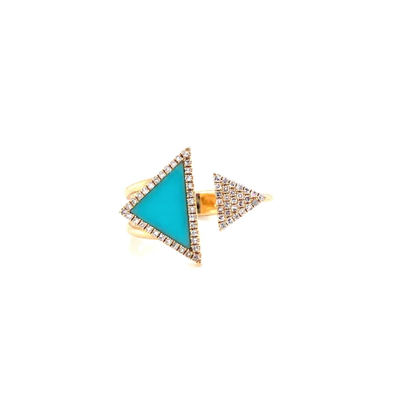 Solitaire Wedding Bands-14K Yellow Gold Diamond + Turquoise Triangle Open Cuff Ring