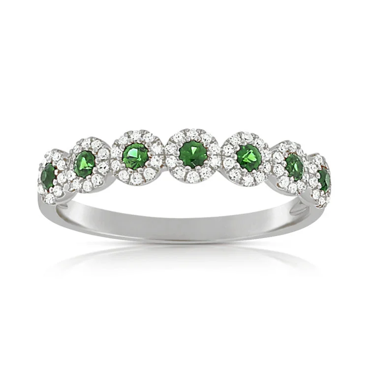 Vintage Custom Rings-14K White Diamond Halo + Emerald Band