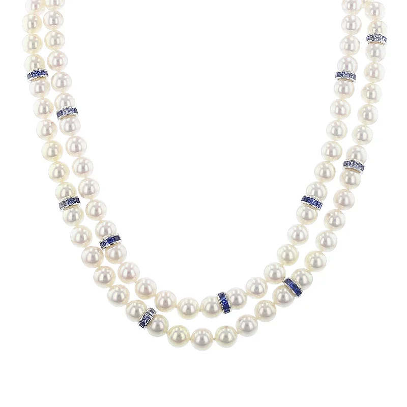 Boho Pendant Necklaces-Akoya Cultured Pearl Double Strand Necklace with Sapphires