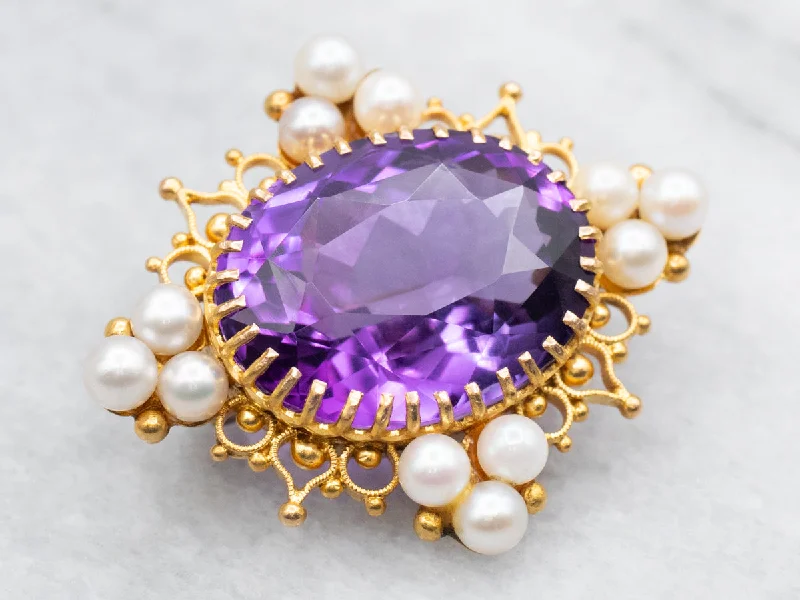 Elegant Rose Brooch-Vintage East to West Amethyst and Pearl Brooch