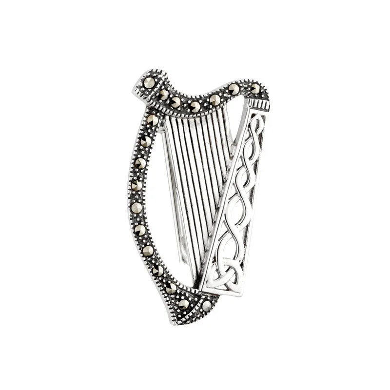 Silver Crystal Flower Brooch-Silver Marcasite Harp Brooch