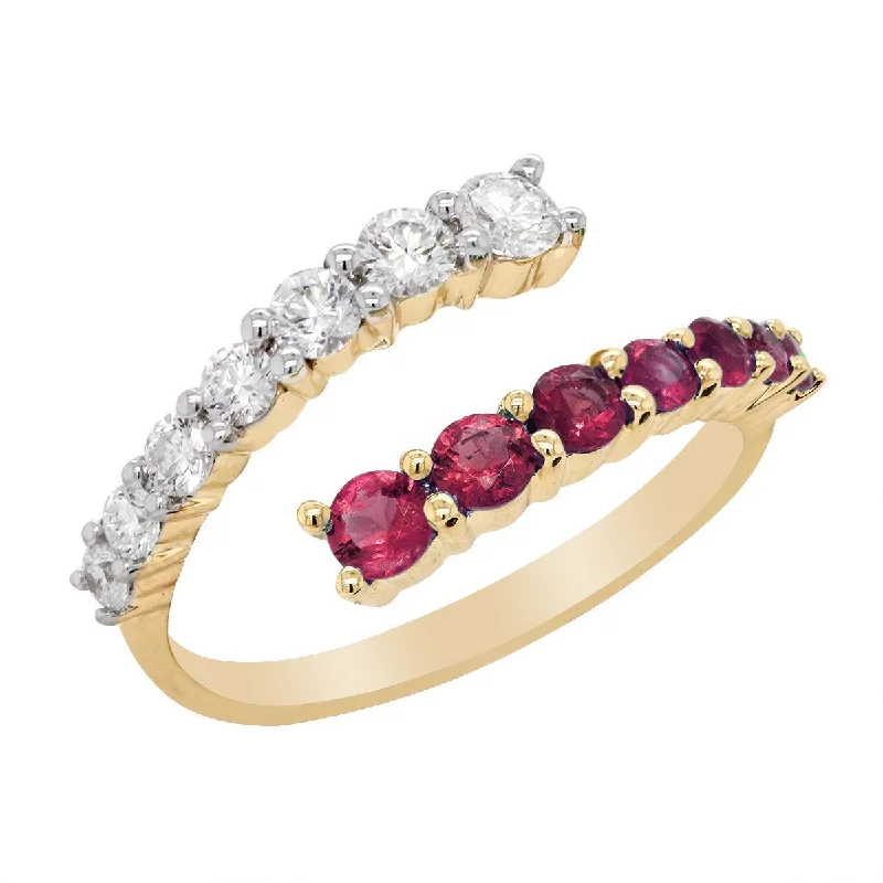 Rose Gold Wedding Rings for Women-YELLOW GOLD BYPASS STYLE RING WITH RUBIES AND DIAMONDS, .56 CT TW