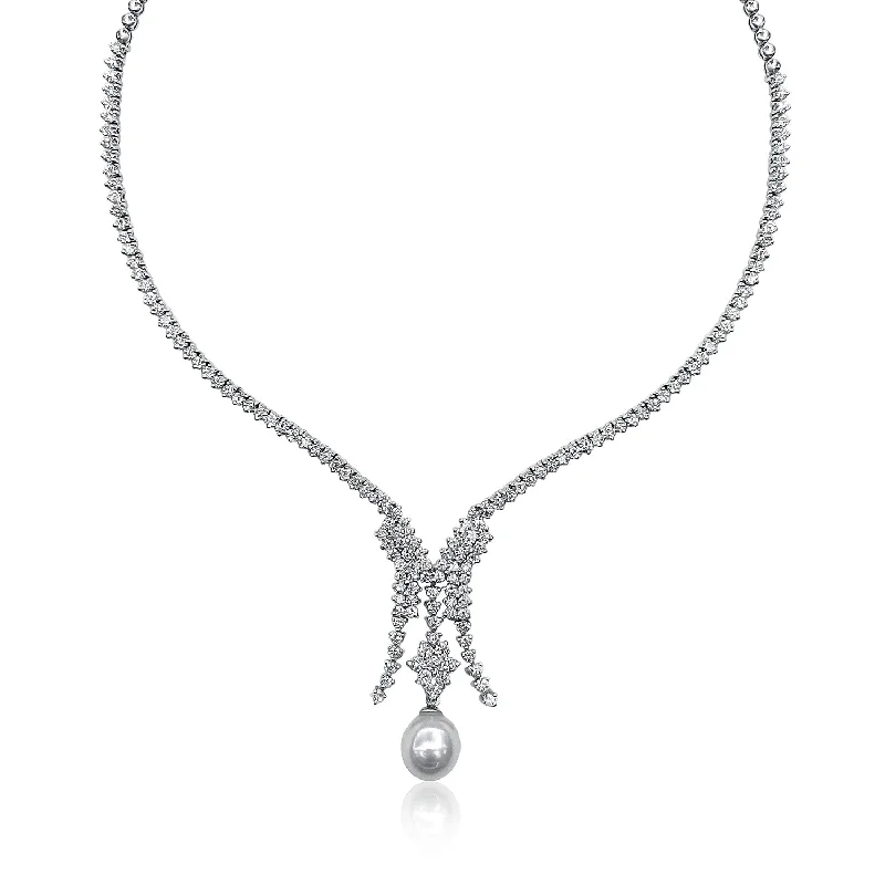 Custom Diamond Necklaces-18K White Gold 5.00 CT Round Diamond Pearl Necklace