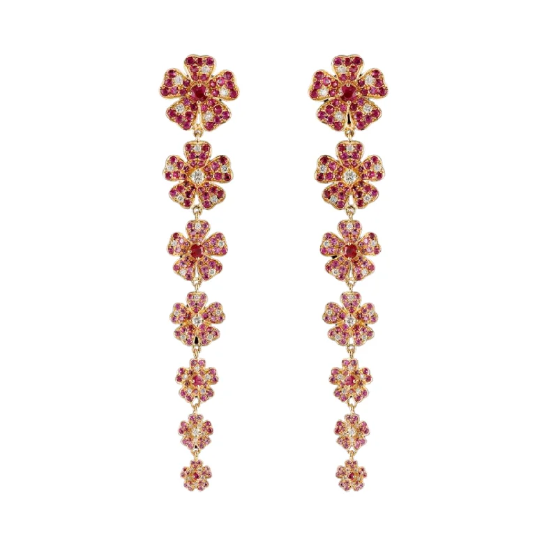 Sparkling Drop Earrings-Ruby Flower Drop Earrings