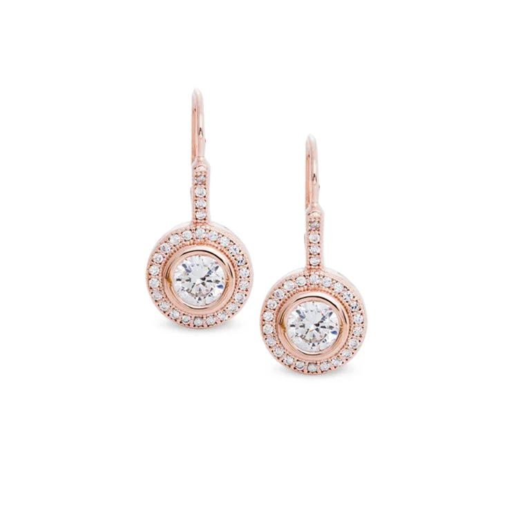 Sophisticated Earrings-Rose Gold Finish Sterling Silver Micropave Round Lever Back Earrings with 27 Simulated Diamonds