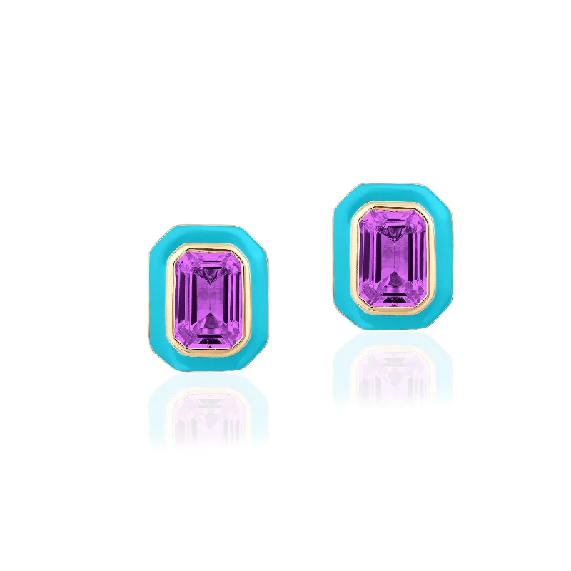 Faux Diamond Earrings-Amethyst Emerald-Cut Stud Earrings with Enamel