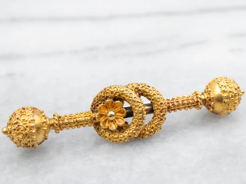 Gold and Crystal Brooch-Etruscan Revival Floral Lover's Knot Brooch