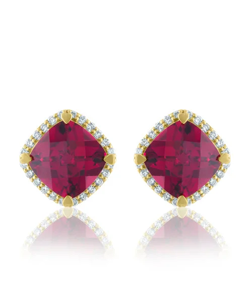 Tassel Earrings-Rhodolite Garnet Cushion Shaped Stud Earrings with Diamonds 294-JSA