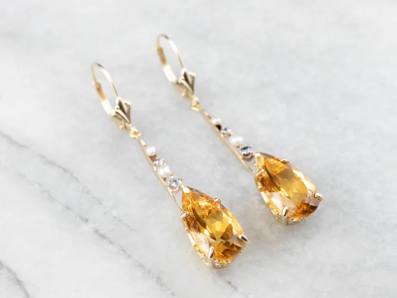 Diamond Earrings-Pear Cut Citrine Gold Bar Drop Earrings