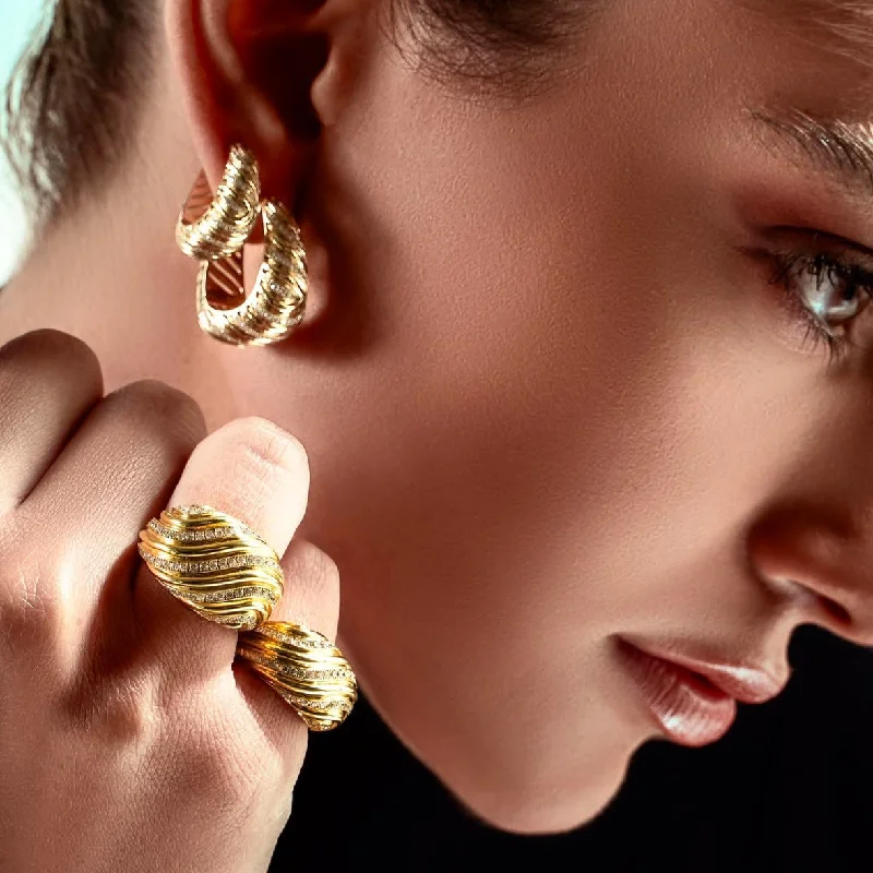 Leather Earrings-Waves of Elegance Earrings with Diamonds