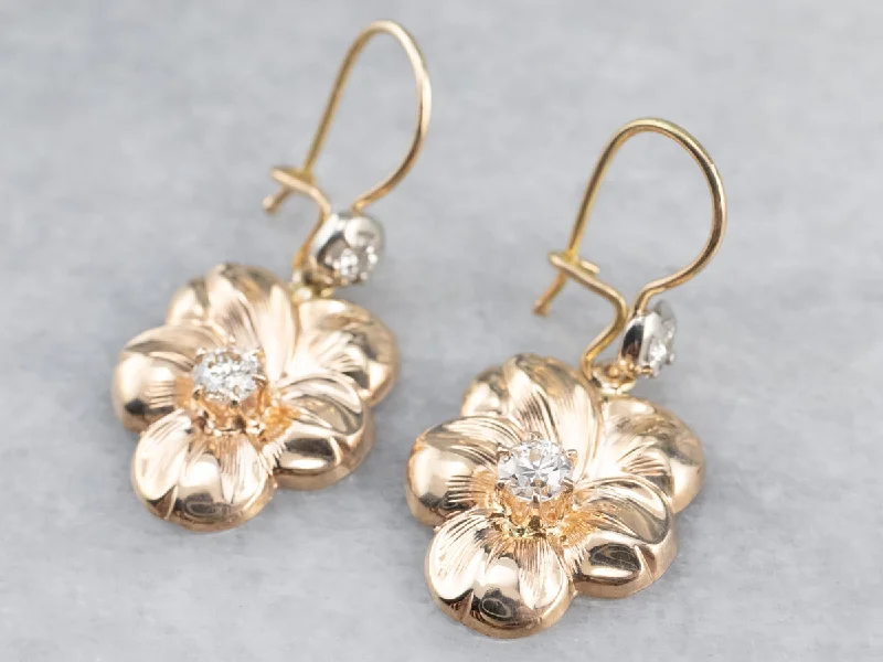 Colored Gem Earrings-Diamond Floral Gold Drop Earrings