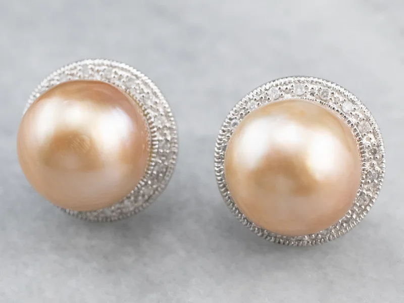 Clear Earrings-Pink Pearl Diamond Halo Stud Earrings