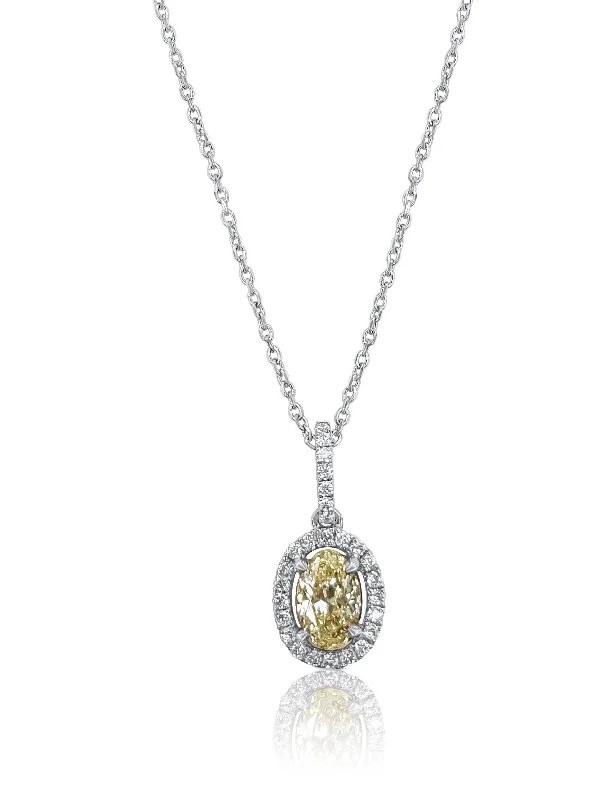 Geometric Chain Necklaces-18K Two Tone Fancy Light Yellow Oval Diamond Halo Pendant