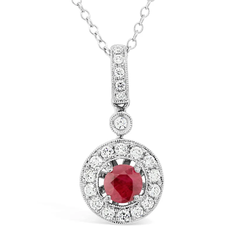 Retro Necklaces-18K White Gold Ruby and Diamond Halo Pendant Necklace