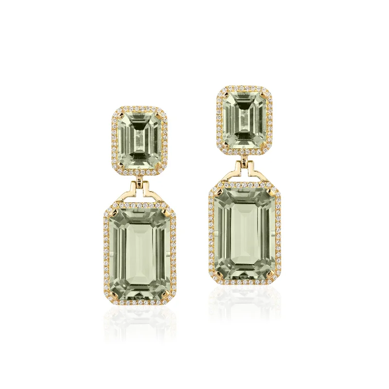 Stone Earrings-Prasiolite Emerald-Cut Earrings with Diamonds