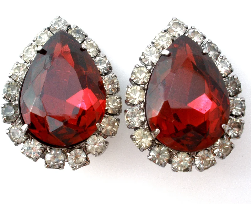 Green Earrings-Red Rhinestone Earrings Vintage Clip On