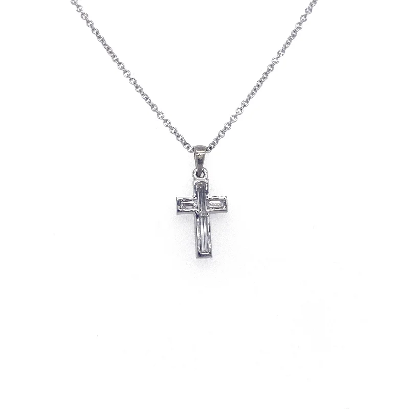 Vintage Necklaces-14K White Gold 0.49 CT Baguette Diamond Cross