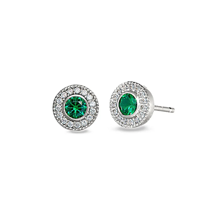 Sparkly Earrings-Platinum Finish Sterling Silver Micropave Round Simulated Emerald Earrings with Simulated Diamonds