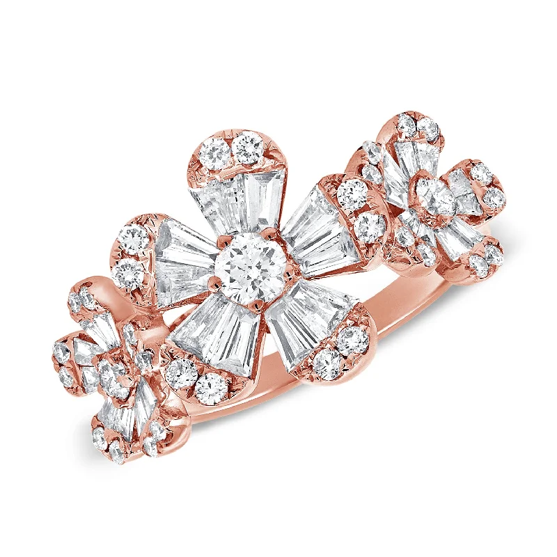 Wedding Rings with Colored Stones-14K Rose Gold Diamond Triple Baguette Flower Ring