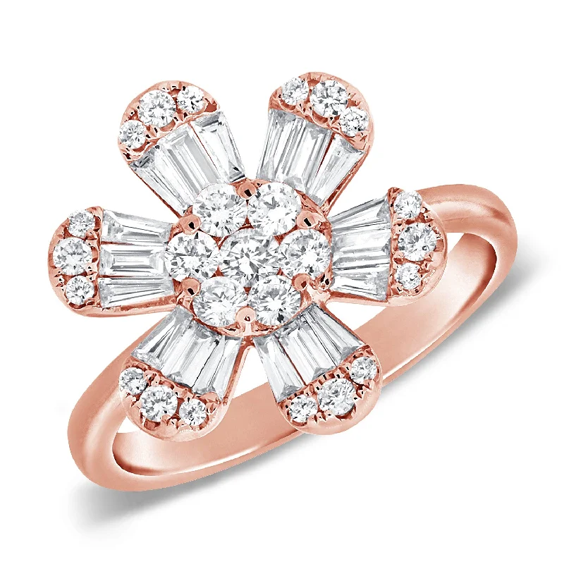 Vintage Rings-14K Rose Gold Baguette & Round Diamond Large Flower Ring