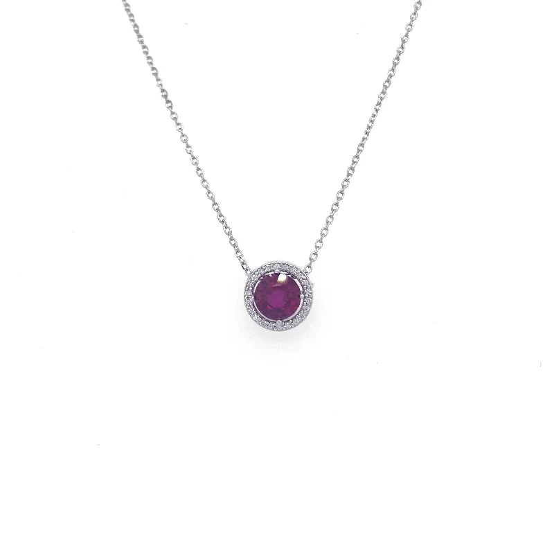 Chunky Necklaces-14K White Gold 1.00 CT Lab Ruby and Round Diamond Halo 16" Necklace