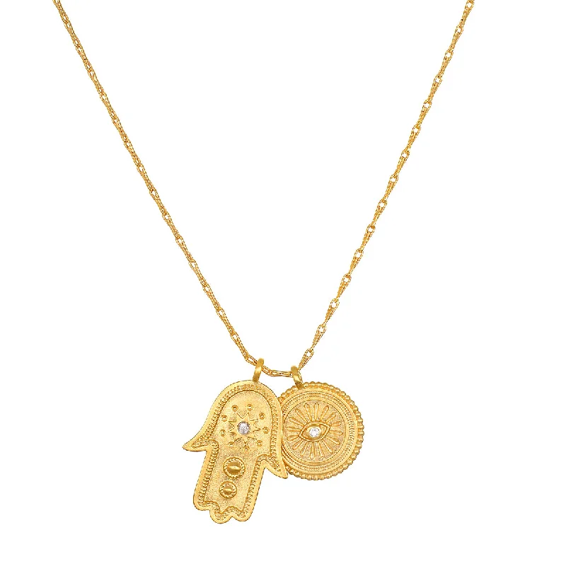 Heart Charm Necklaces-Protected Path Hamsa Evil Eye Gold Necklace