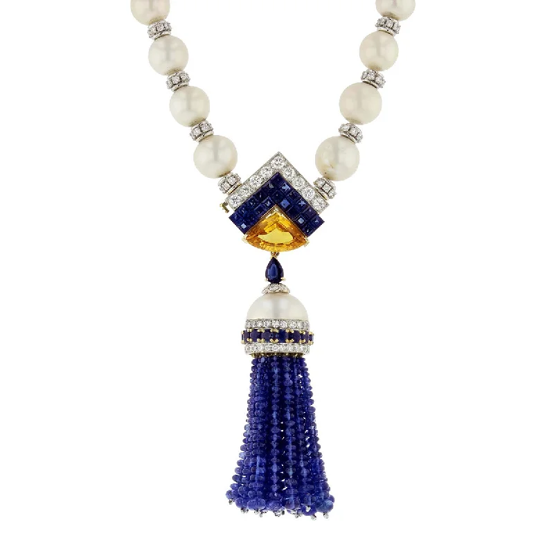 Crystal Necklace Sets-18K Pearl, Sapphire and Diamond Tassel Necklace