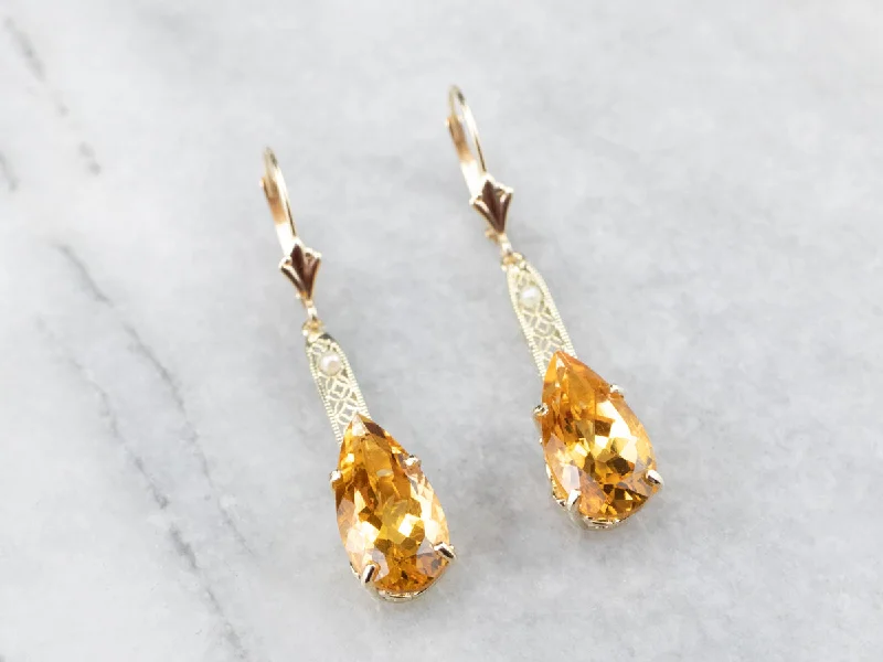 Hoop Earrings-Pear Cut Citrine Gold Filigree Bar Drop Earrings