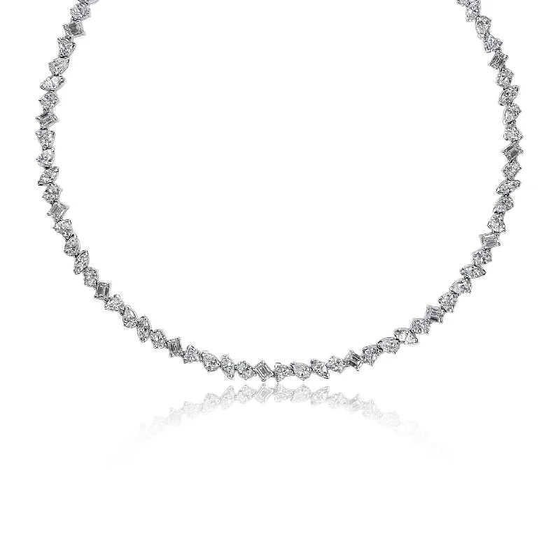 Gold Layered Necklaces-12.00 Cttw Mixed Shape Diamond Tennis Necklace set in 18K White Gold