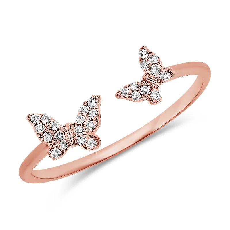 Engagement and Wedding Rings Sets-14K Rose Gold Diamond Double Butterfly Open Cuff Ring