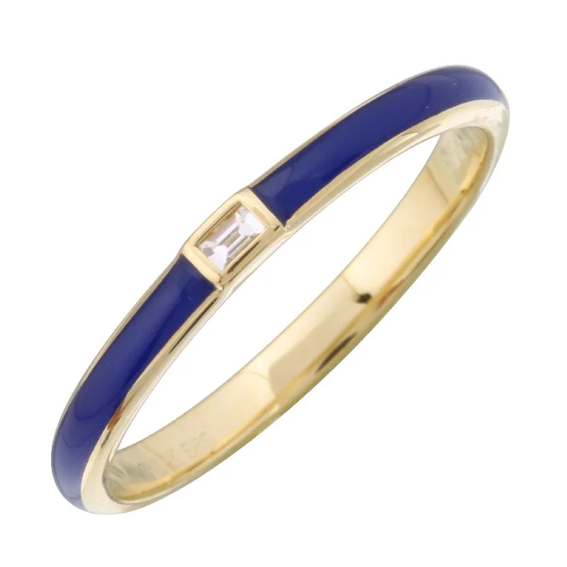 Solitaire Diamond Rings-14k Yellow Gold Classic Blue Enamel & Diamond Ring