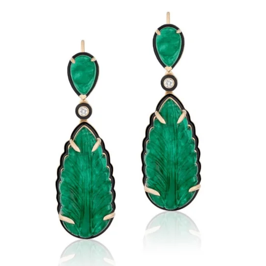 Vintage Earrings-G-One Carved Emerald Leaf Earrings