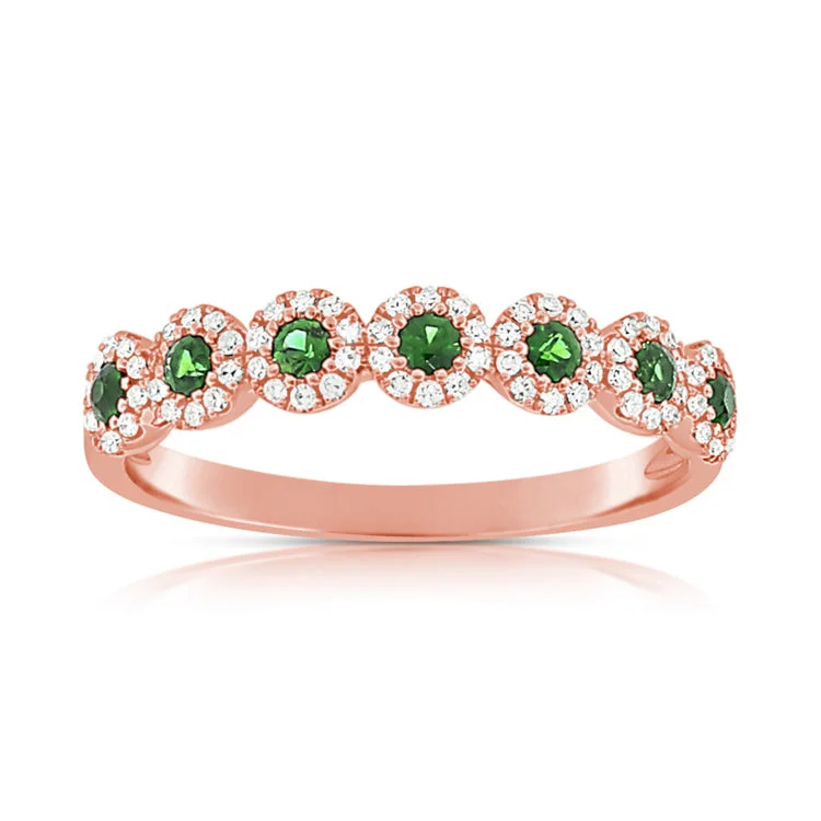 Luxury Engagement Ring Sets-14K Rose Diamond Halo + Emerald Band