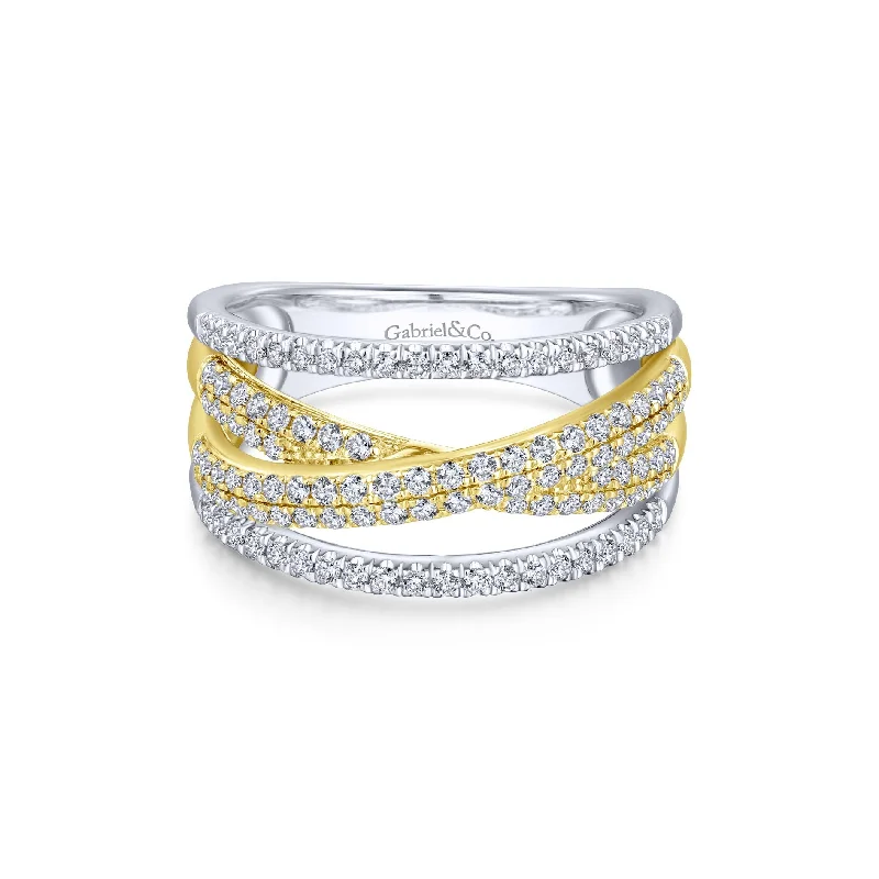 Luxury Diamond Wedding Bands-14K White & Yellow Gold Diamond Split Crossover Ring