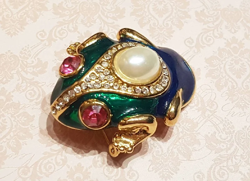 Glamorous Brooch-Vintage Frog Brooch Enamel Pearl Green Blue Glass Gold