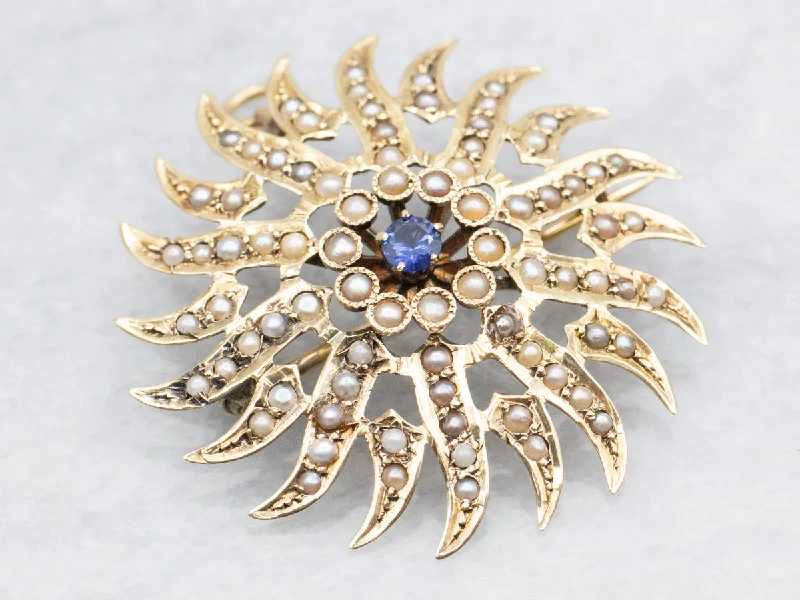 Silver Rhinestone Pin Brooch-Antique Sapphire and Seed Pearl Starburst Brooch or Pendant