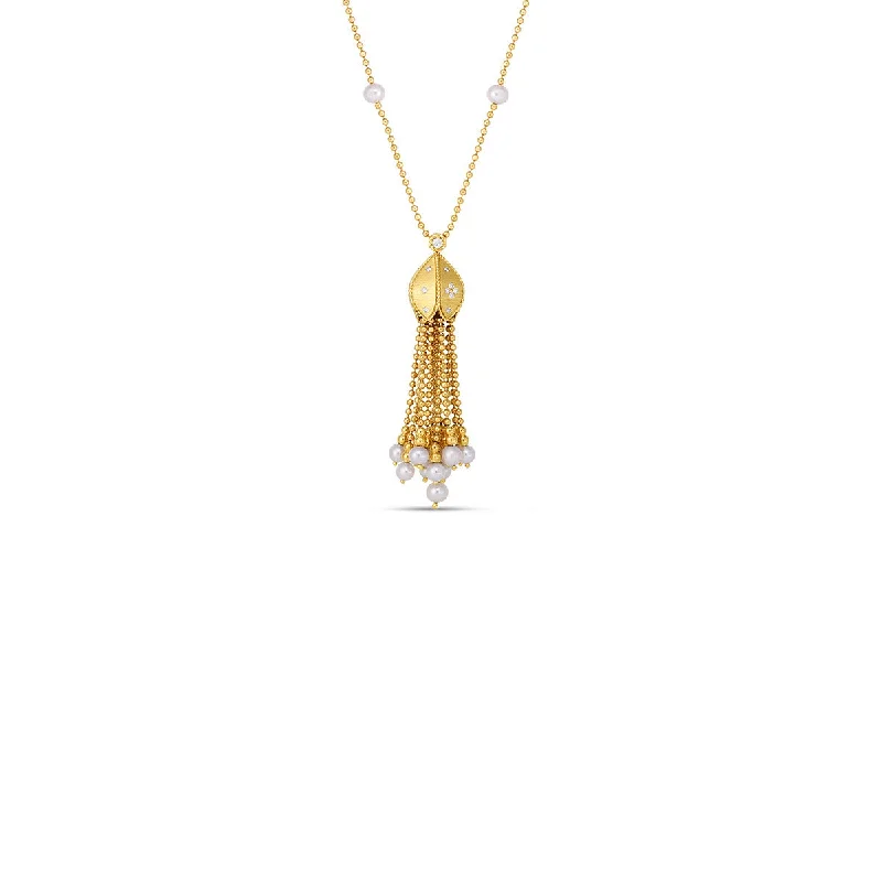 Customizable Necklaces-18K Y Princess Pearl and Diamond Tassel Necklace