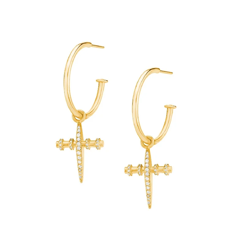 Matte Earrings-14K Gold Armour Cross Hoop Earrings with Diamonds EG000008