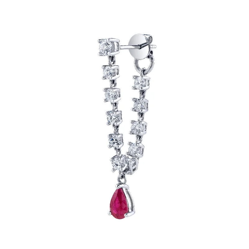 Silver Earrings-Diamond Dangle Earrings with Ruby Drop, Single