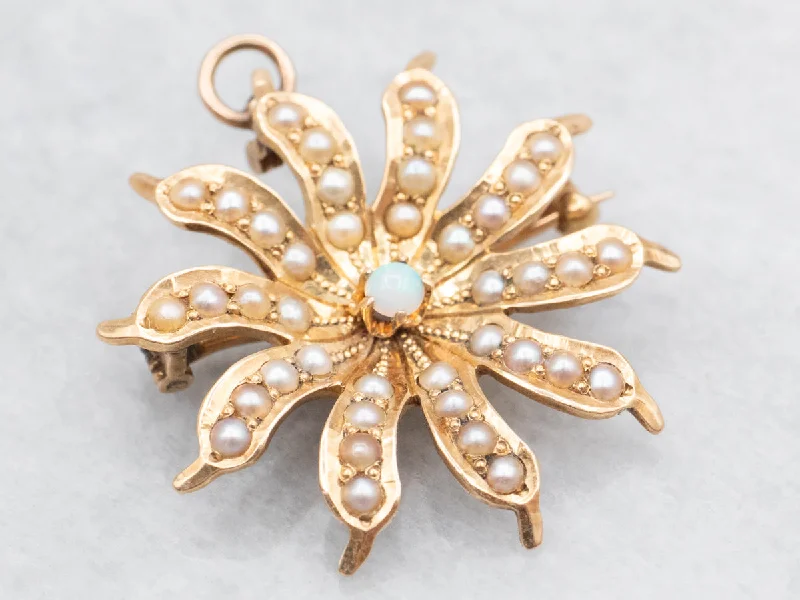 Gold Crystal Leaf Brooch-Victorian Opal and Seed Pearl Flower Brooch or Pendant