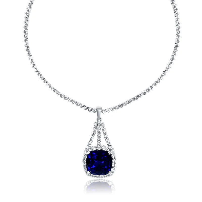 Personalized Name Necklaces-30.00 Cttw Cushion Tanzanite and 10.50 Cttw Diamond Fashion Necklace set in 18K White Gold