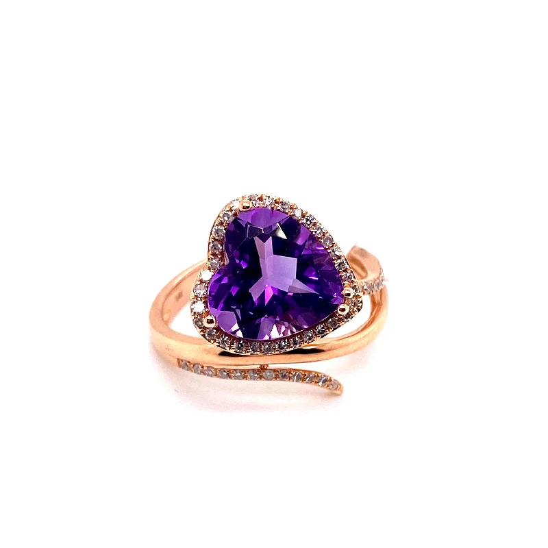 Black Gold Rings-14K Rose Gold Diamond + Heart Amethyst Ring