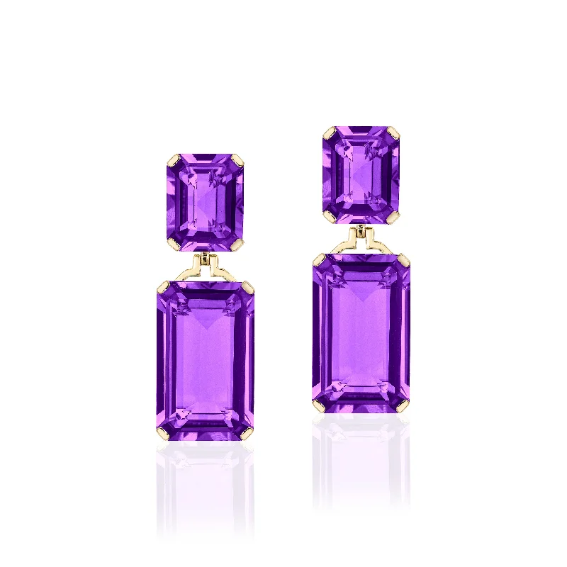 Stylish Earrings-Amethyst Double Emerald-Cut Drop Earrings