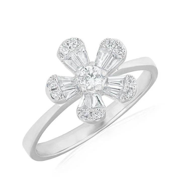 Platinum Rings-14K White Gold Baguette Diamond Small Flower Ring